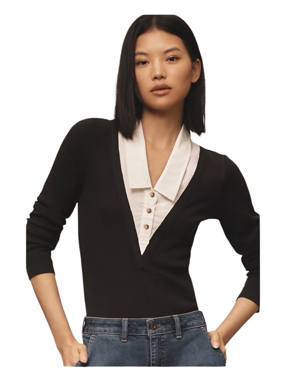 Pilcro Black V-Neck Bodysuit with White Faux-Collar XL NWOT